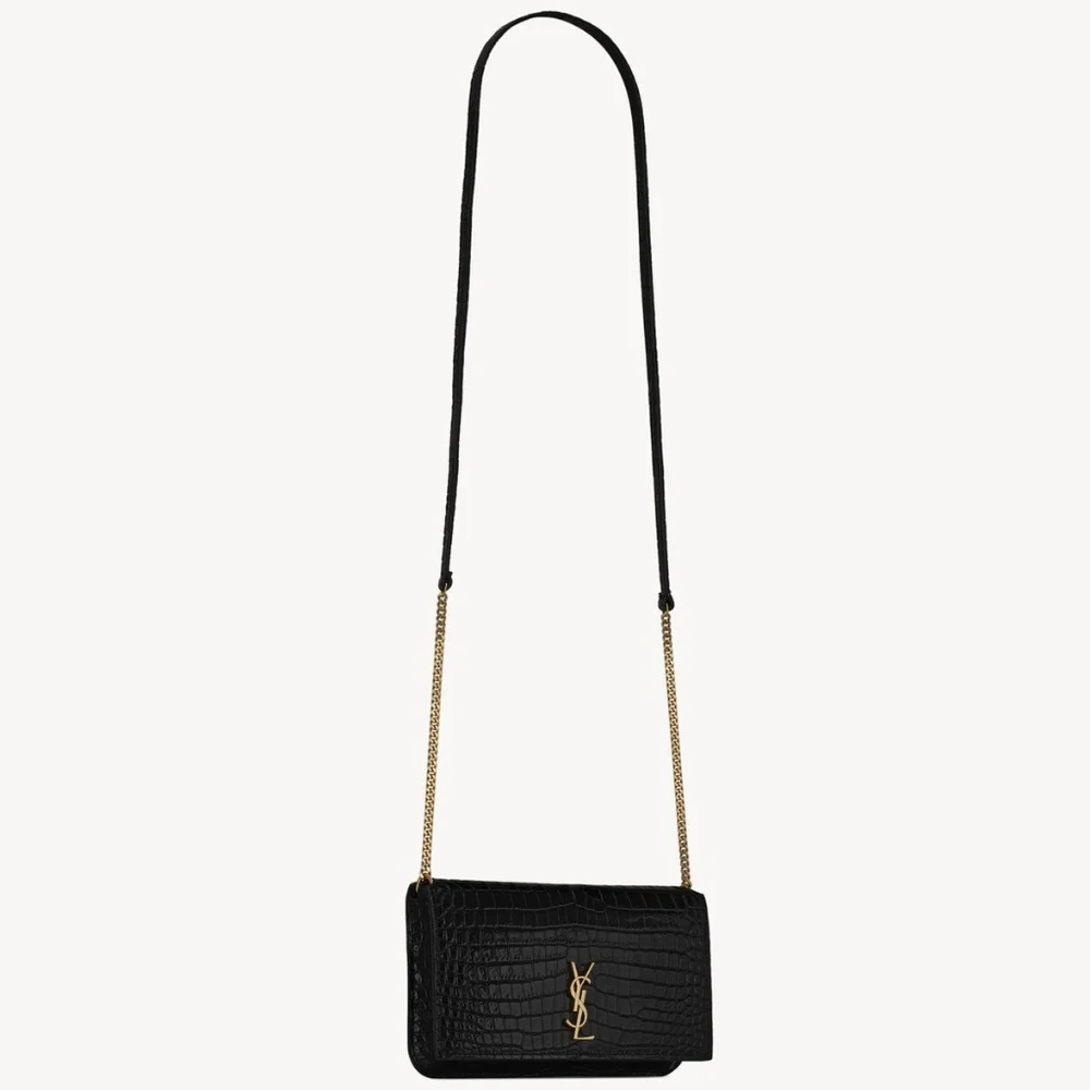 YSL SAINT LAURENT CASSANDRE PHONE HOLDER W/ STRAP IN CROCODILE-EMBOSSED LEATHER - Picture 7 of 16